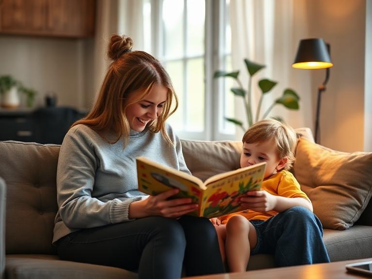 A childminder reading with a small child