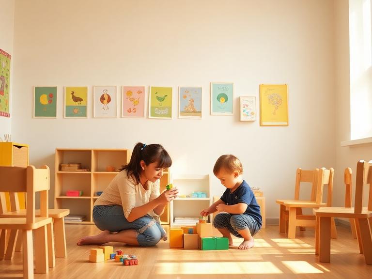 Children playing in a bright Warsaw kindergarten room