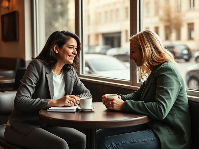 Two people practising a language exchange over coffee in a Warsaw cafe