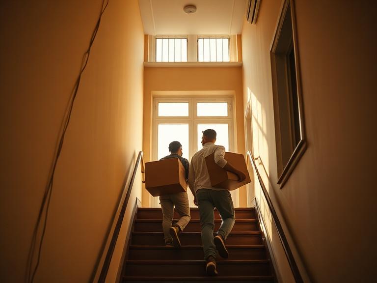 Two movers carrying boxes up the stairs of a Warsaw apartment building