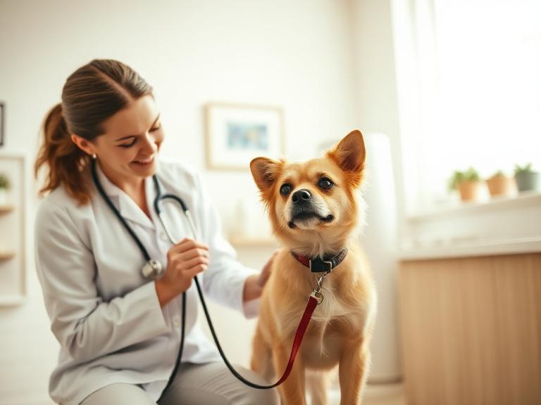 A vet examining a small dog in a bright clinic