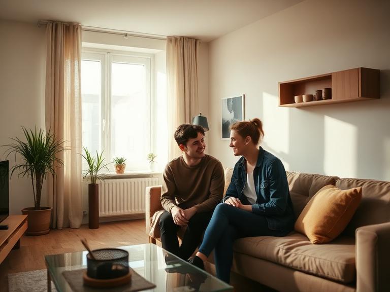 Two flatmates chatting in the living room of a shared Warsaw flat