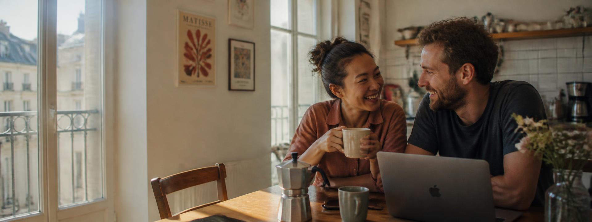 An international couple talking over coffee at a kitchen table in Warsaw