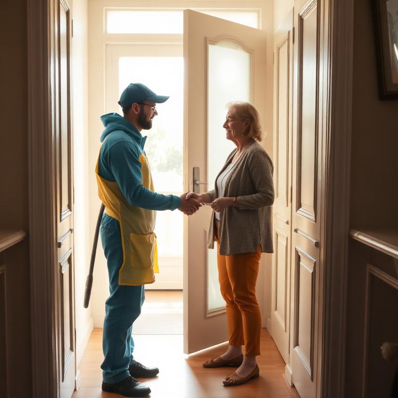 A cleaner greeting a client at the door of a Warsaw flat