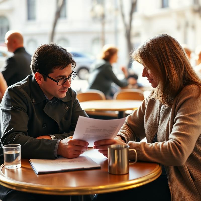 Two people reviewing paperwork at a Warsaw cafe